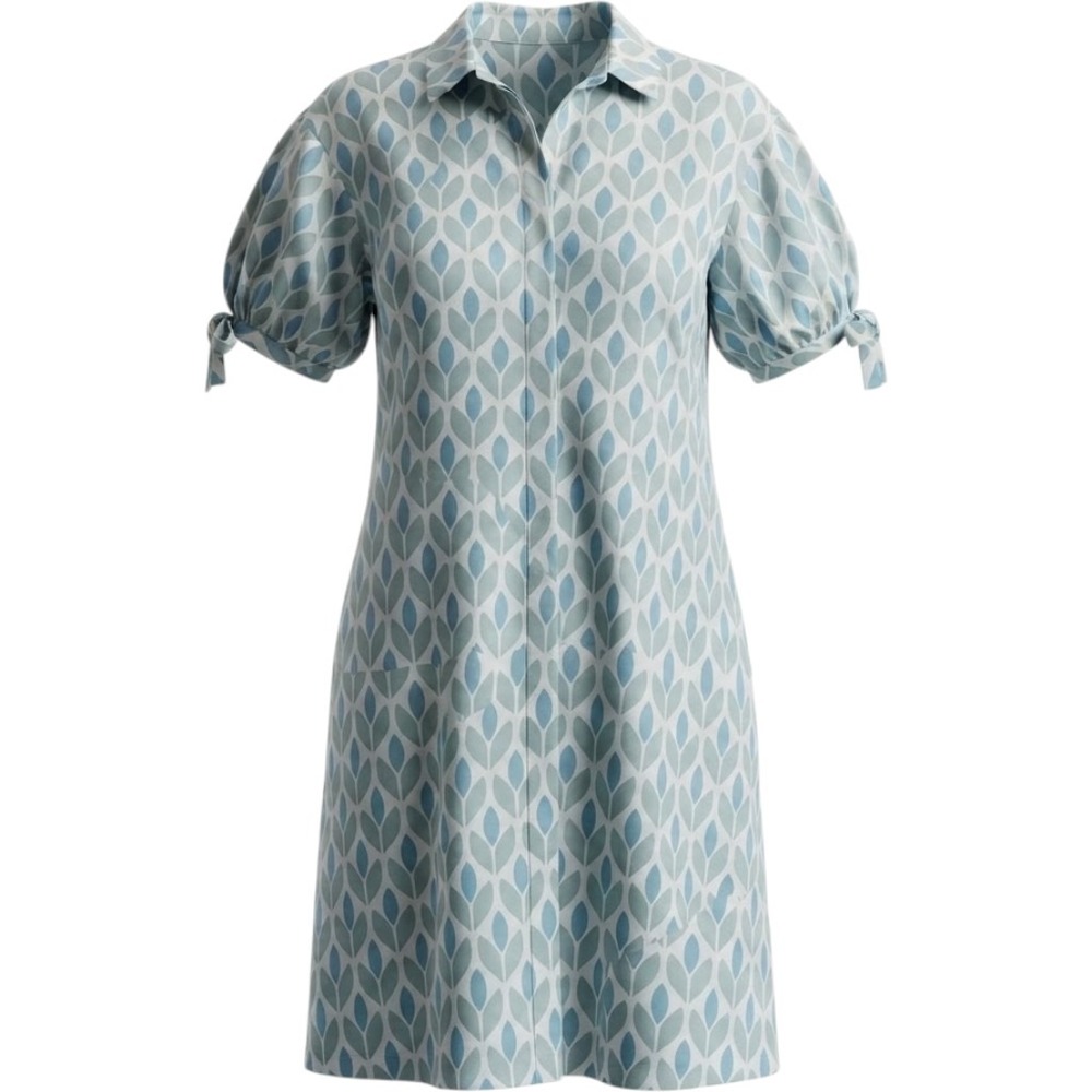 Linda Anderson Midi Shift Dress Medium 100% Cotton Pocket Blue Green Leaf Print